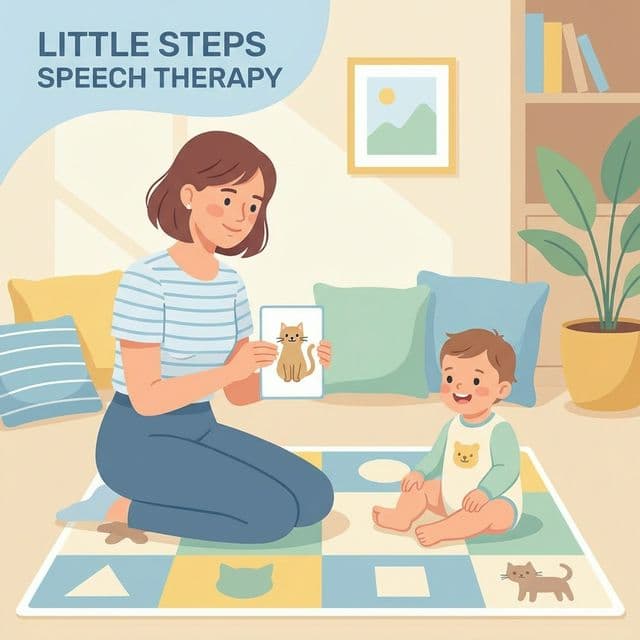 Ilustrasi terapis wicara sedang mendampingi anak bermain dan belajar bicara