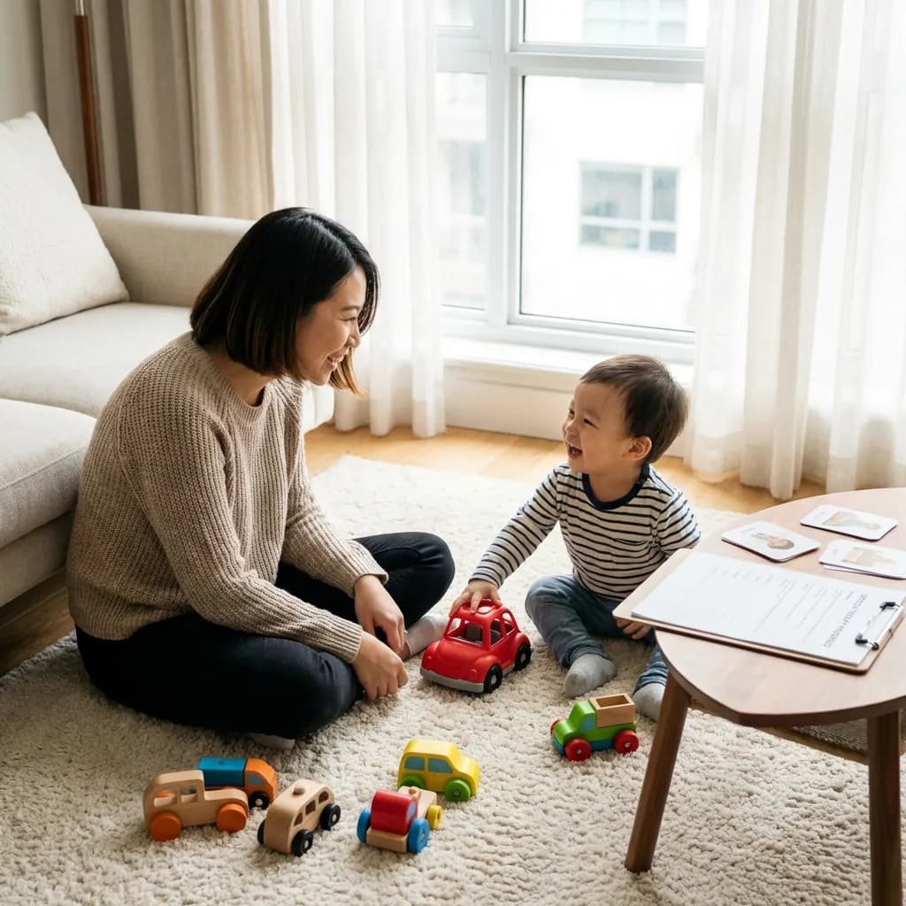 Ibu dan anak bermain bersama di rumah untuk stimulasi bicara